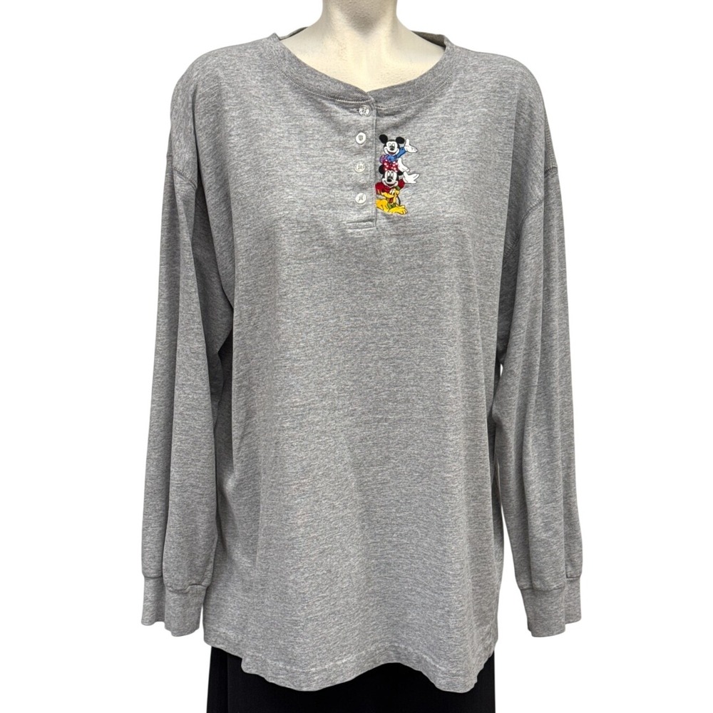 Vintage Disney Mickey Mouse & Friends Embroidered Gray Henley Long Sleeve